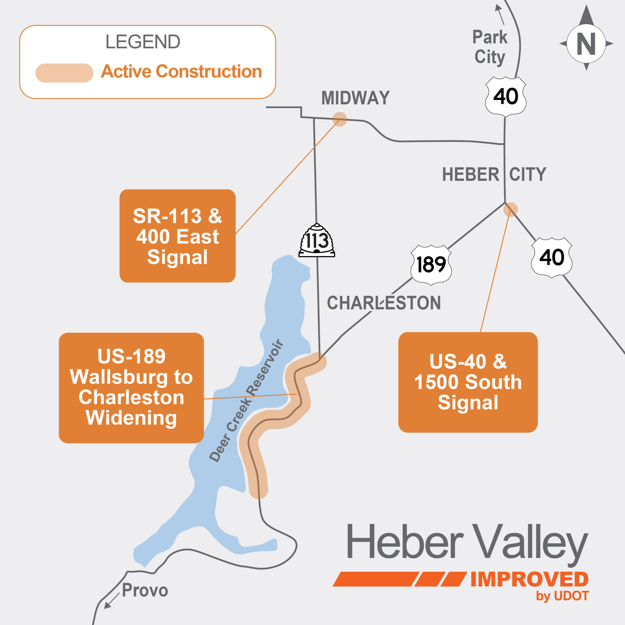 Heber Valley Improved project map, highlighting active construction on US-189 Wallsburg to Charleston Widening, as well as additional projects SR-113 & 400 East Signal and US-40 & 1500 South Signal.