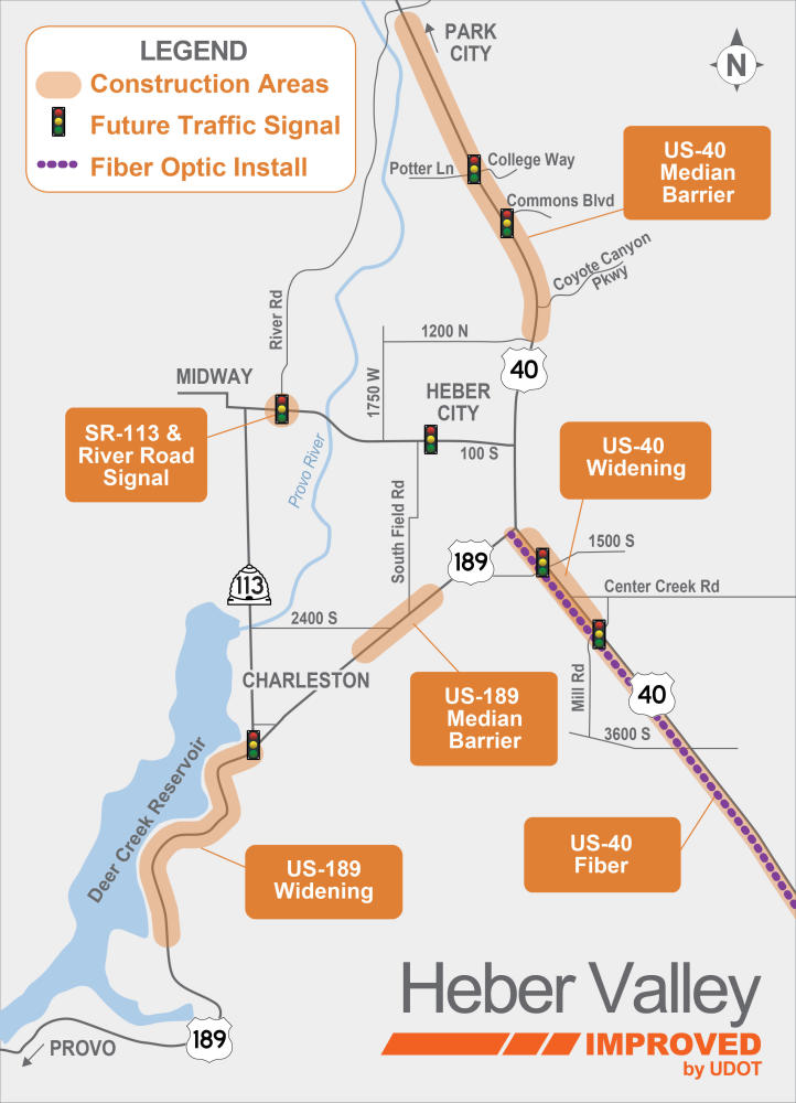 Map showing locations of active UDOT construction projects in Heber Valley for the 2026 construction season.